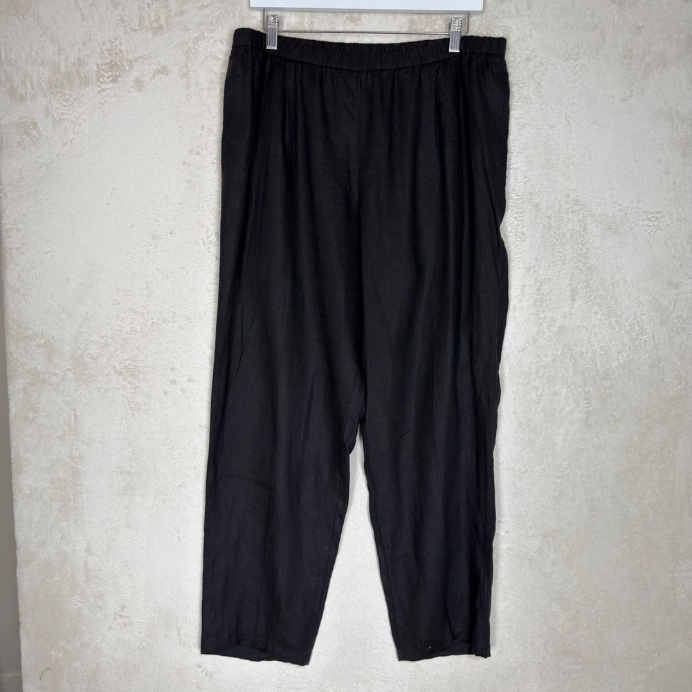 EILEEN FISHER Black 100% Organic Linen Elastic Waist Tapered Pants Minimalist